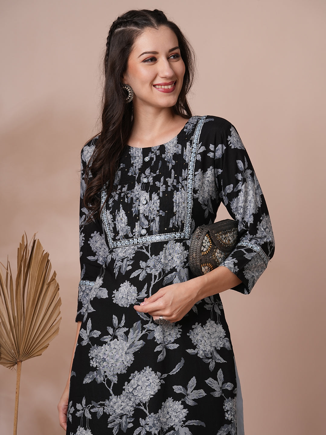 Floral Printed & Embroidered Straight Fit Kurta - Black