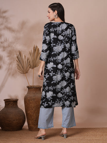 Floral Printed & Embroidered Straight Fit Kurta - Black