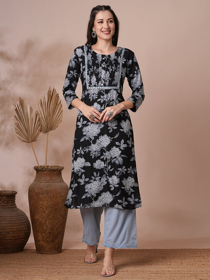 Floral Printed & Embroidered Straight Fit Kurta - Black