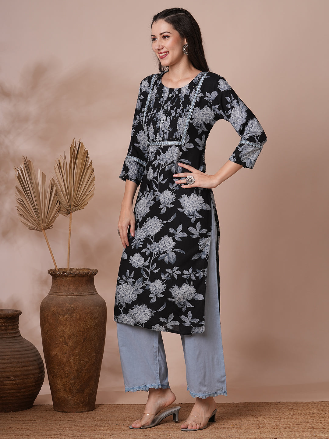 Floral Printed & Embroidered Straight Fit Kurta - Black