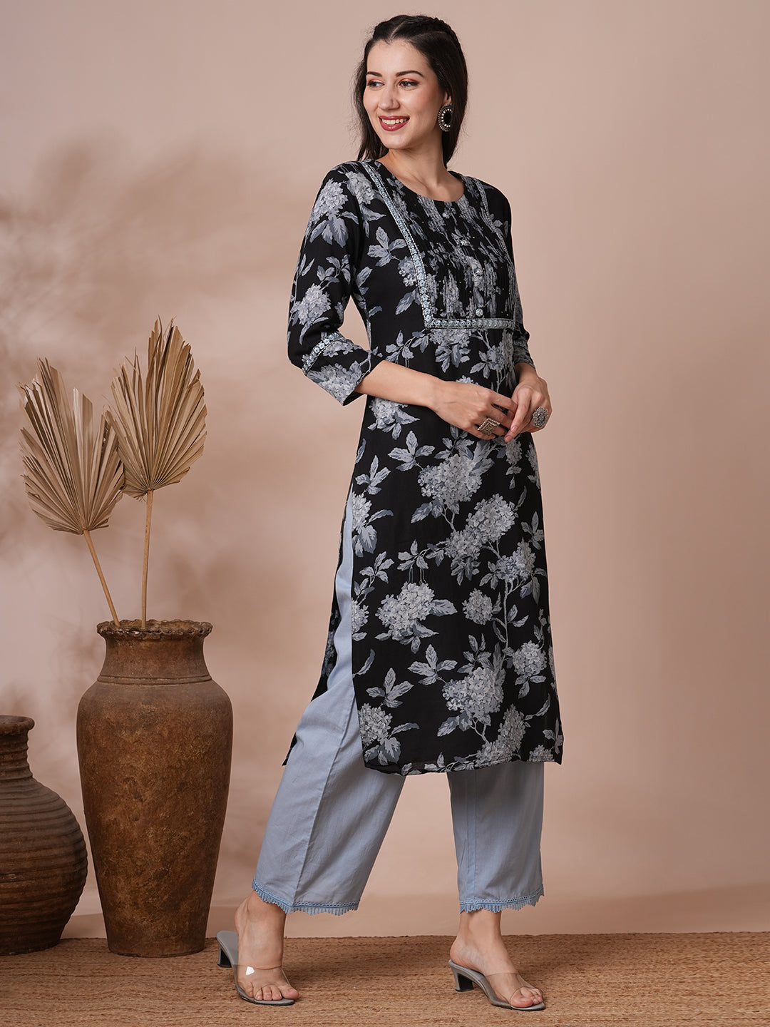 Floral Printed & Embroidered Straight Fit Kurta - Black