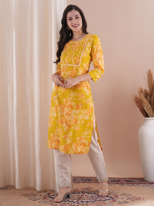 Abstract Floral Printed Embroidered Straight Fit Kurta - Green