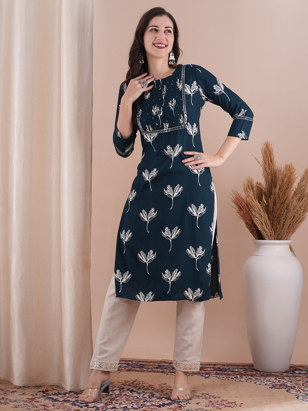 Ethnic Printed & Embroidered Straight Fit Kurta - Navy Blue