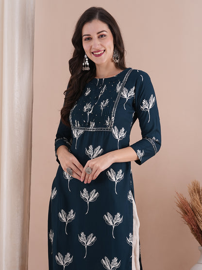 Ethnic Printed & Embroidered Straight Fit Kurta - Navy Blue