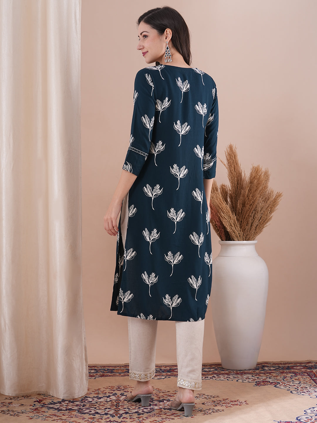 Ethnic Printed & Embroidered Straight Fit Kurta - Navy Blue