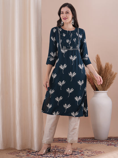 Ethnic Printed & Embroidered Straight Fit Kurta - Navy Blue