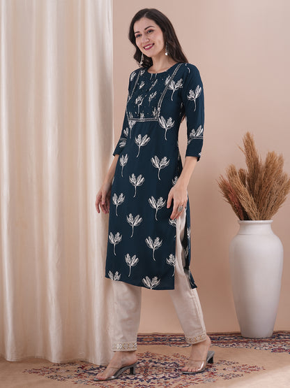 Ethnic Printed & Embroidered Straight Fit Kurta - Navy Blue