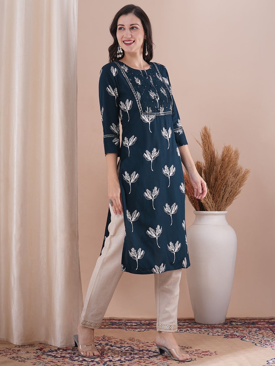 Ethnic Printed & Embroidered Straight Fit Kurta - Navy Blue