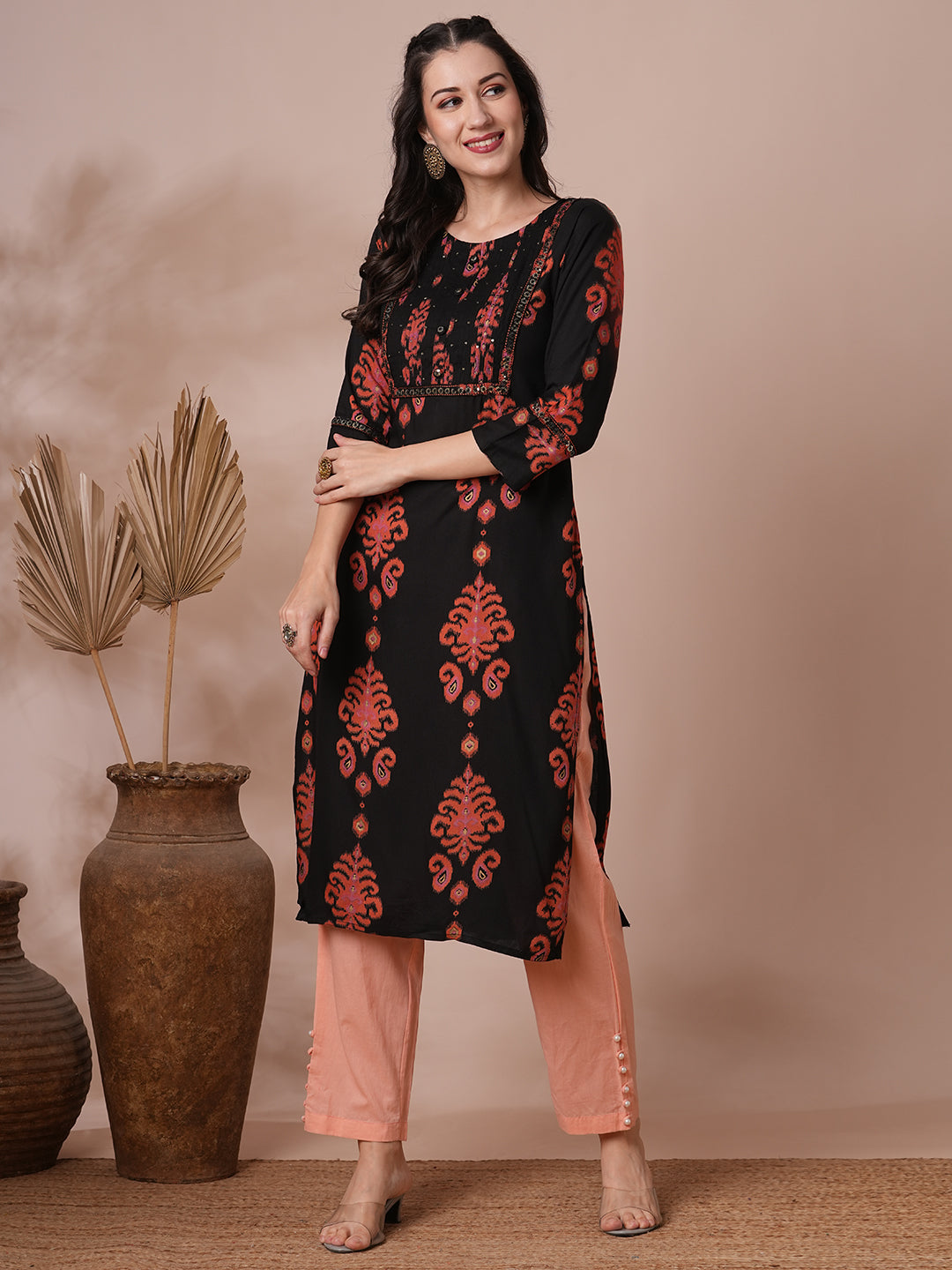 Ethnic Ikat Printed & Embroidered Straight Fit Kurta - Black