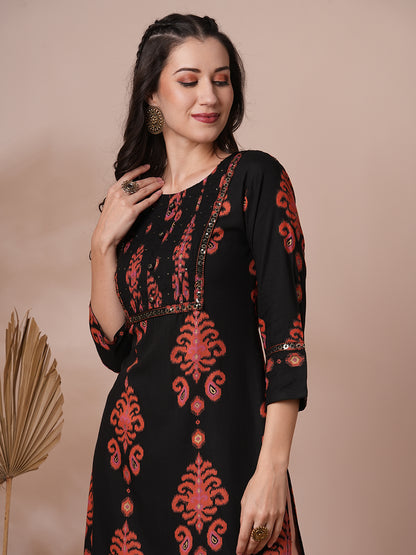 Ethnic Ikat Printed & Embroidered Straight Fit Kurta - Black