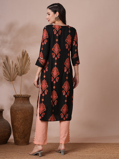 Ethnic Ikat Printed & Embroidered Straight Fit Kurta - Black