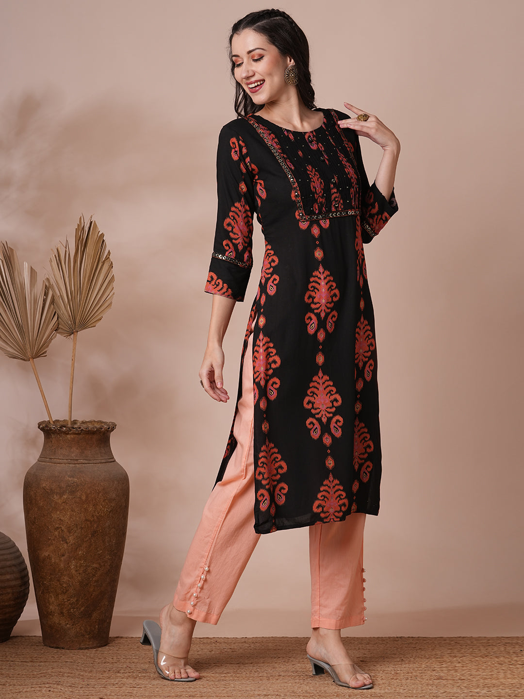 Ethnic Ikat Printed & Embroidered Straight Fit Kurta - Black