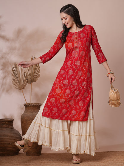 Floral Foil Printed Straight Fit Kurta - Red