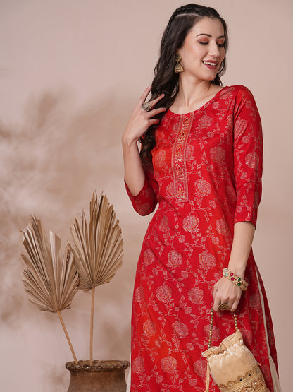 Floral Foil Printed Straight Fit Kurta - Red