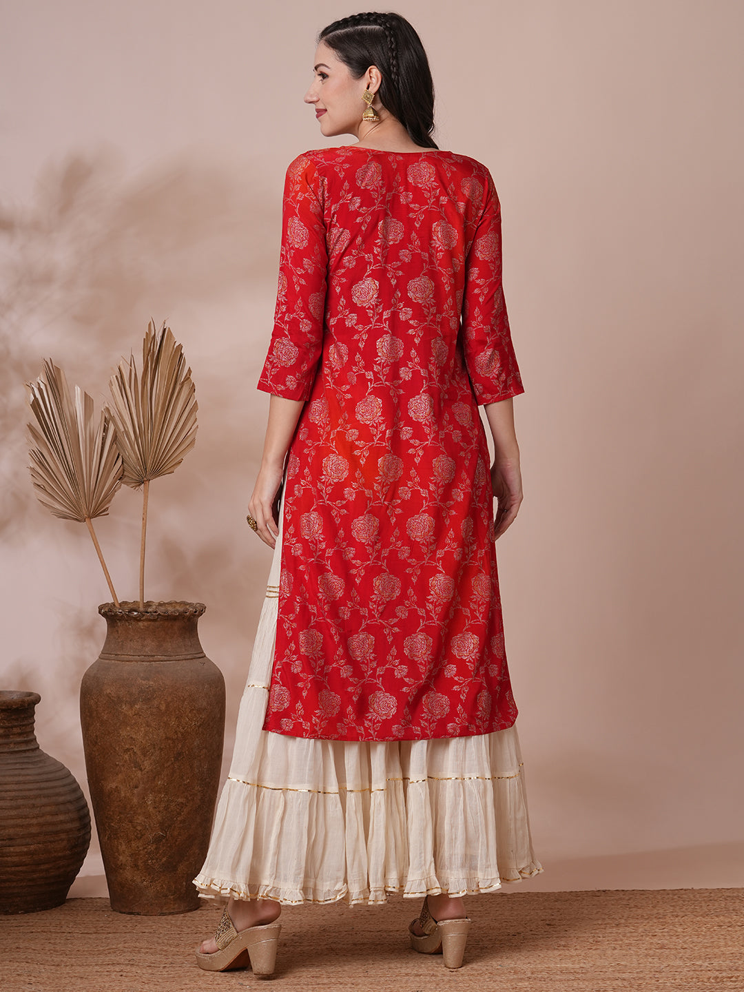 Floral Foil Printed Straight Fit Kurta - Red