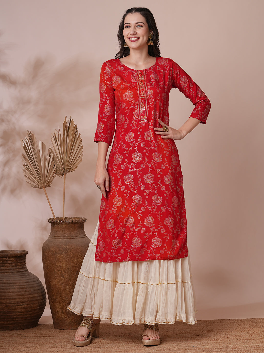 Floral Foil Printed Straight Fit Kurta - Red