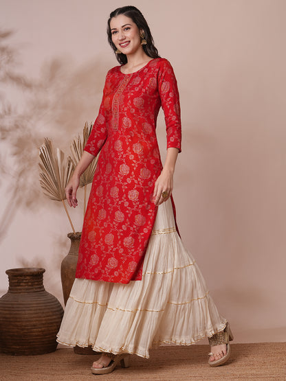 Floral Foil Printed Straight Fit Kurta - Red