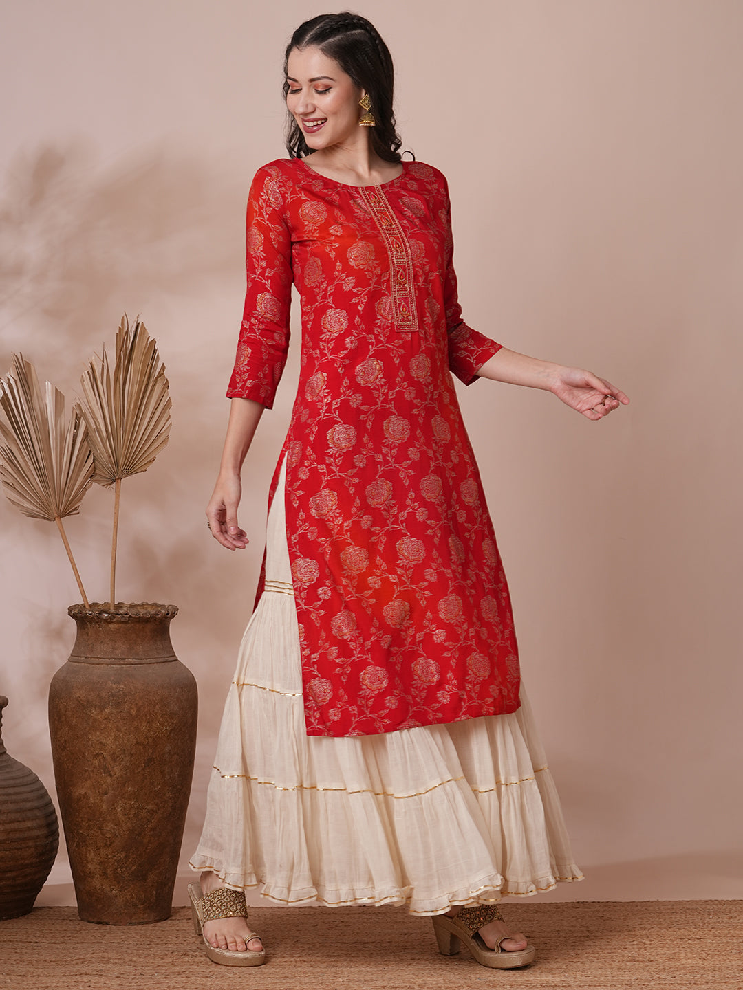 Floral Foil Printed Straight Fit Kurta - Red