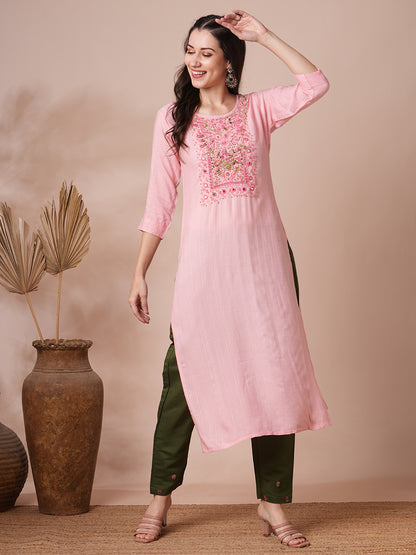 Floral Hand Embroidered & Lurex Striped Straight Fit Kurta - Pink