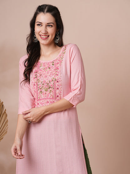 Floral Hand Embroidered & Lurex Striped Straight Fit Kurta - Pink