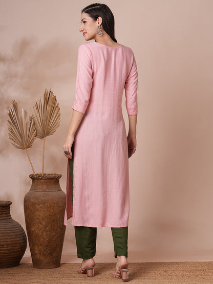 Floral Hand Embroidered & Lurex Striped Straight Fit Kurta - Pink