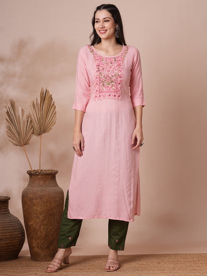 Floral Hand Embroidered & Lurex Striped Straight Fit Kurta - Pink