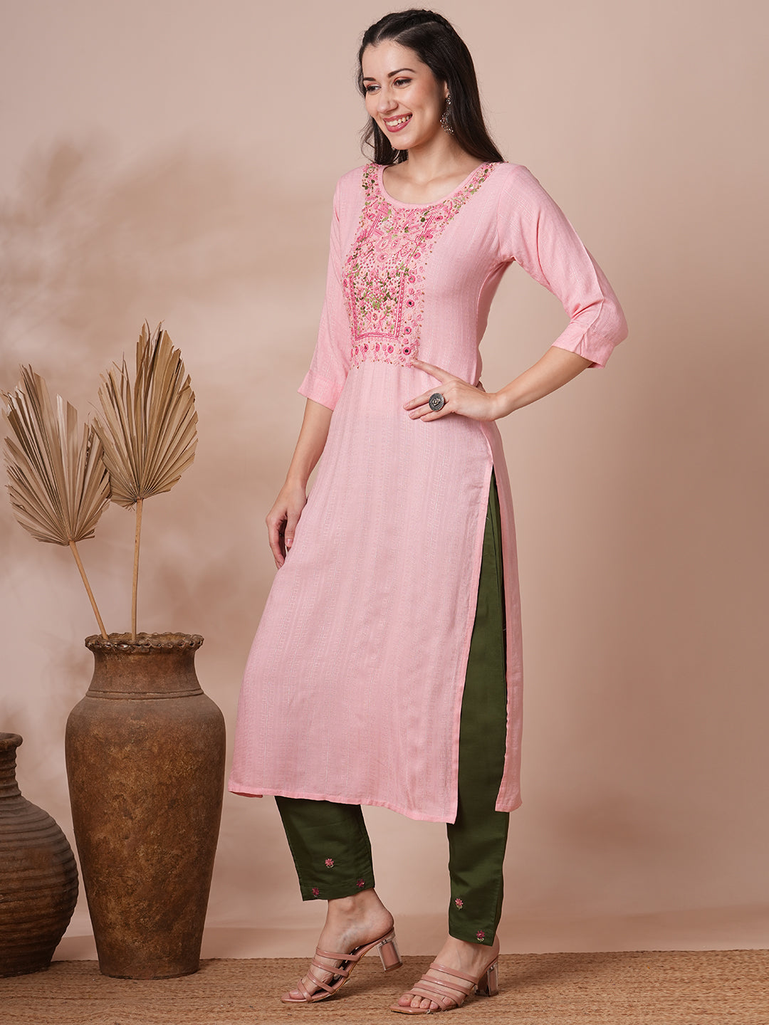 Floral Hand Embroidered & Lurex Striped Straight Fit Kurta - Pink