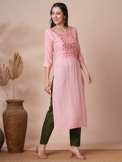 Floral Hand Embroidered & Lurex Striped Straight Fit Kurta - Pink