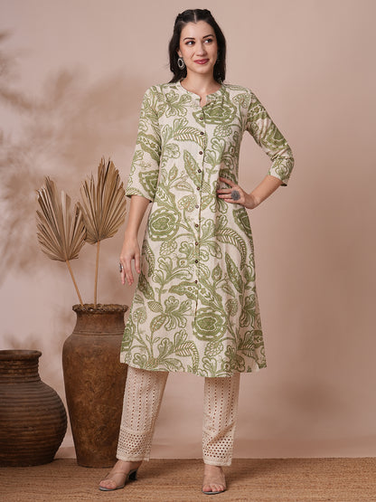 Ethnic Floral Printed Straight Fit Kurta - Off White