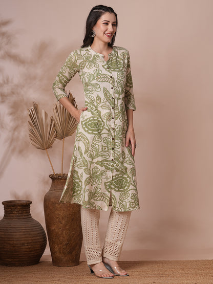 Ethnic Floral Printed Straight Fit Kurta - Off White