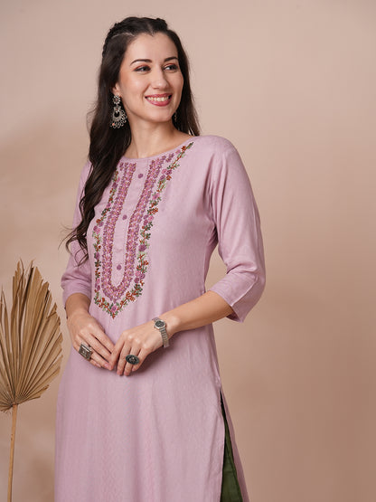 Solid Floral Hand Embroidered Straight Fit Kurta - Lavender