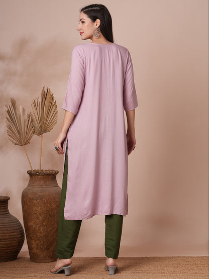 Solid Floral Hand Embroidered Straight Fit Kurta - Lavender