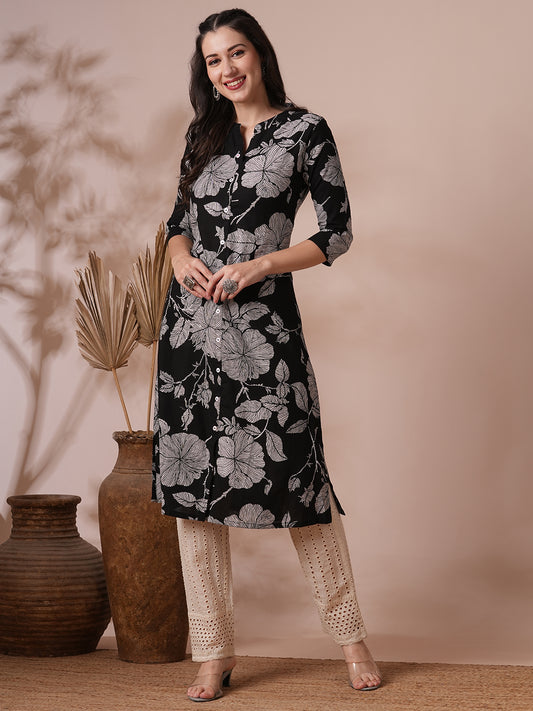 Ethnic Floral Printed Straight Fit Kurta - Black