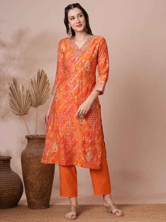 Ethnic Stripes Printed & Embroidered Straight Fit Kurta with Pant - Orange