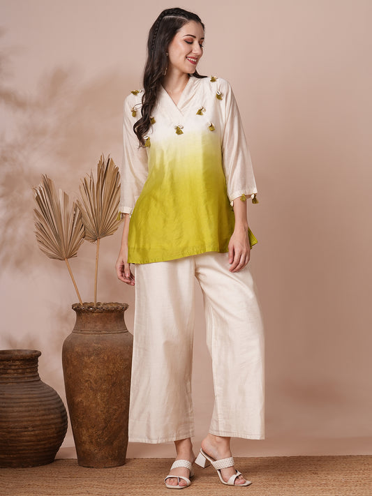 Solid Ombre Dyed Straight Top with Palazzo - Off White