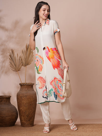 Abstract Floral Printed Kaftan Co-ord Set - White