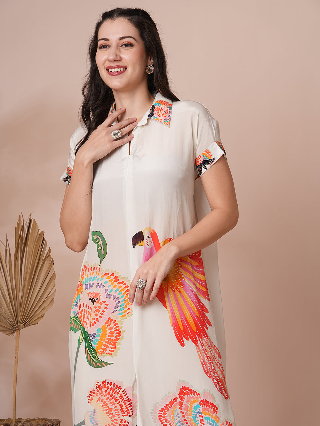 Abstract Floral Printed Kaftan Co-ord Set - White