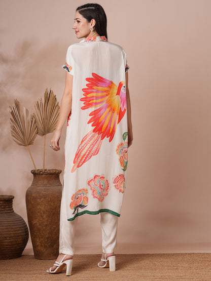 Abstract Floral Printed Kaftan Co-ord Set - White