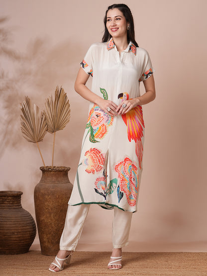 Abstract Floral Printed Kaftan Co-ord Set - White