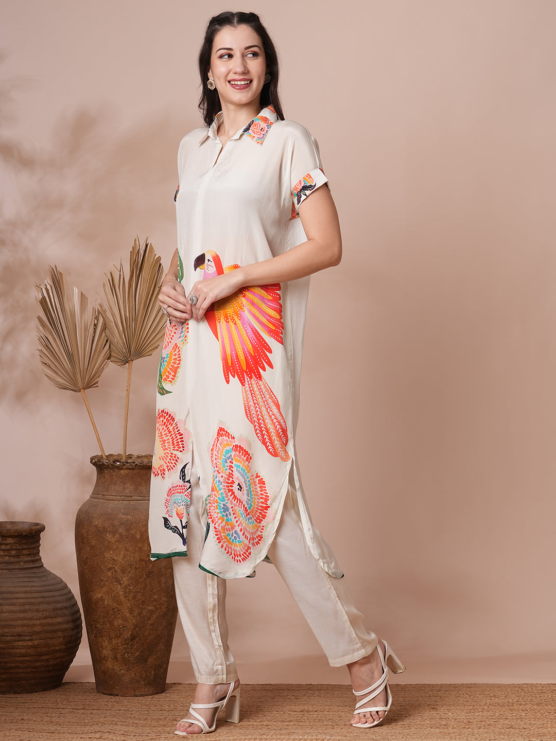 Abstract Floral Printed Kaftan Co-ord Set - White