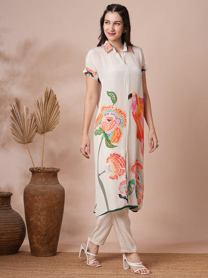 Abstract Floral Printed Kaftan Co-ord Set - White