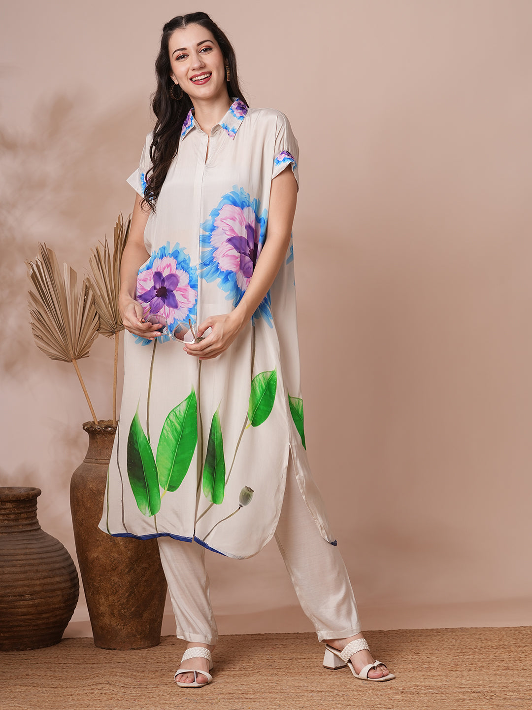 Abstract Floral Printed Kaftan Co-ord Set - White