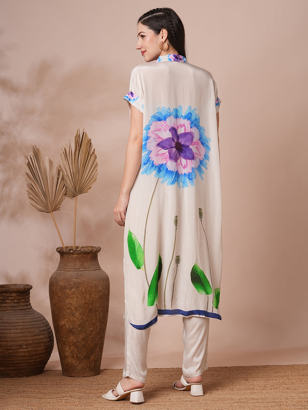 Abstract Floral Printed Kaftan Co-ord Set - White