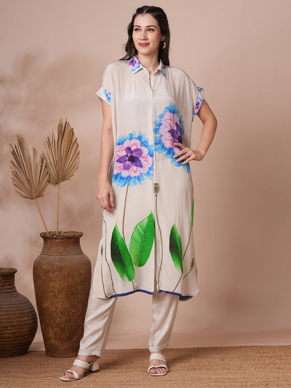 Abstract Floral Printed Kaftan Co-ord Set - White