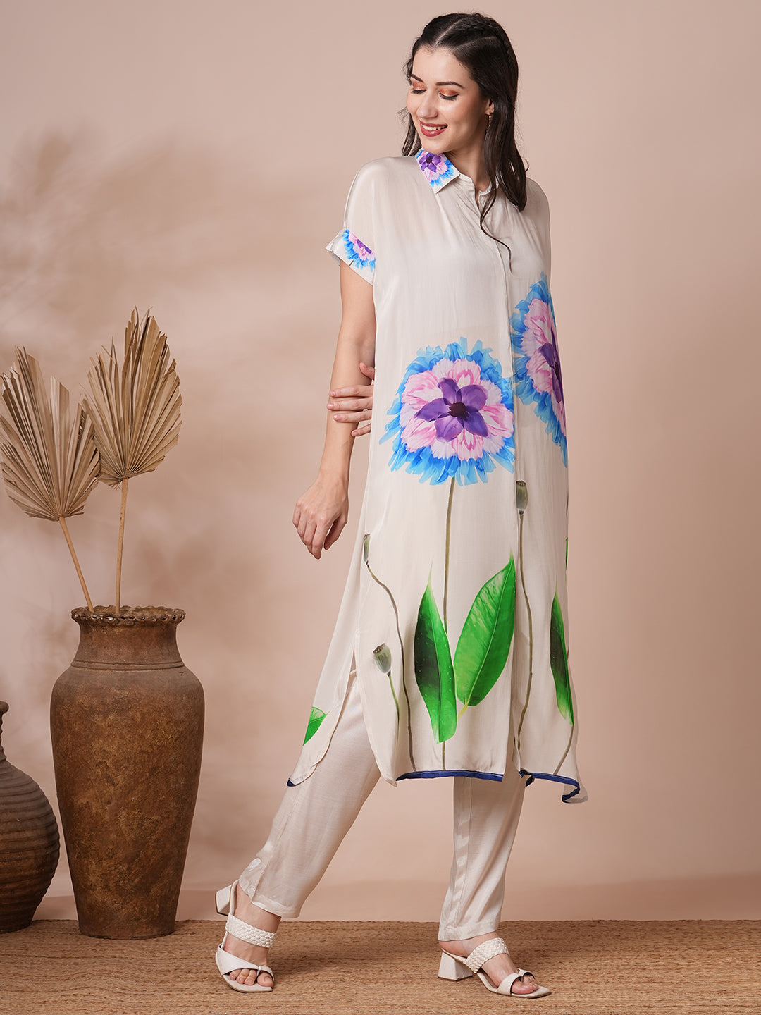 Abstract Floral Printed Kaftan Co-ord Set - White