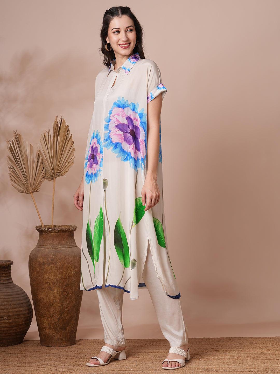 Abstract Floral Printed Kaftan Co-ord Set - White