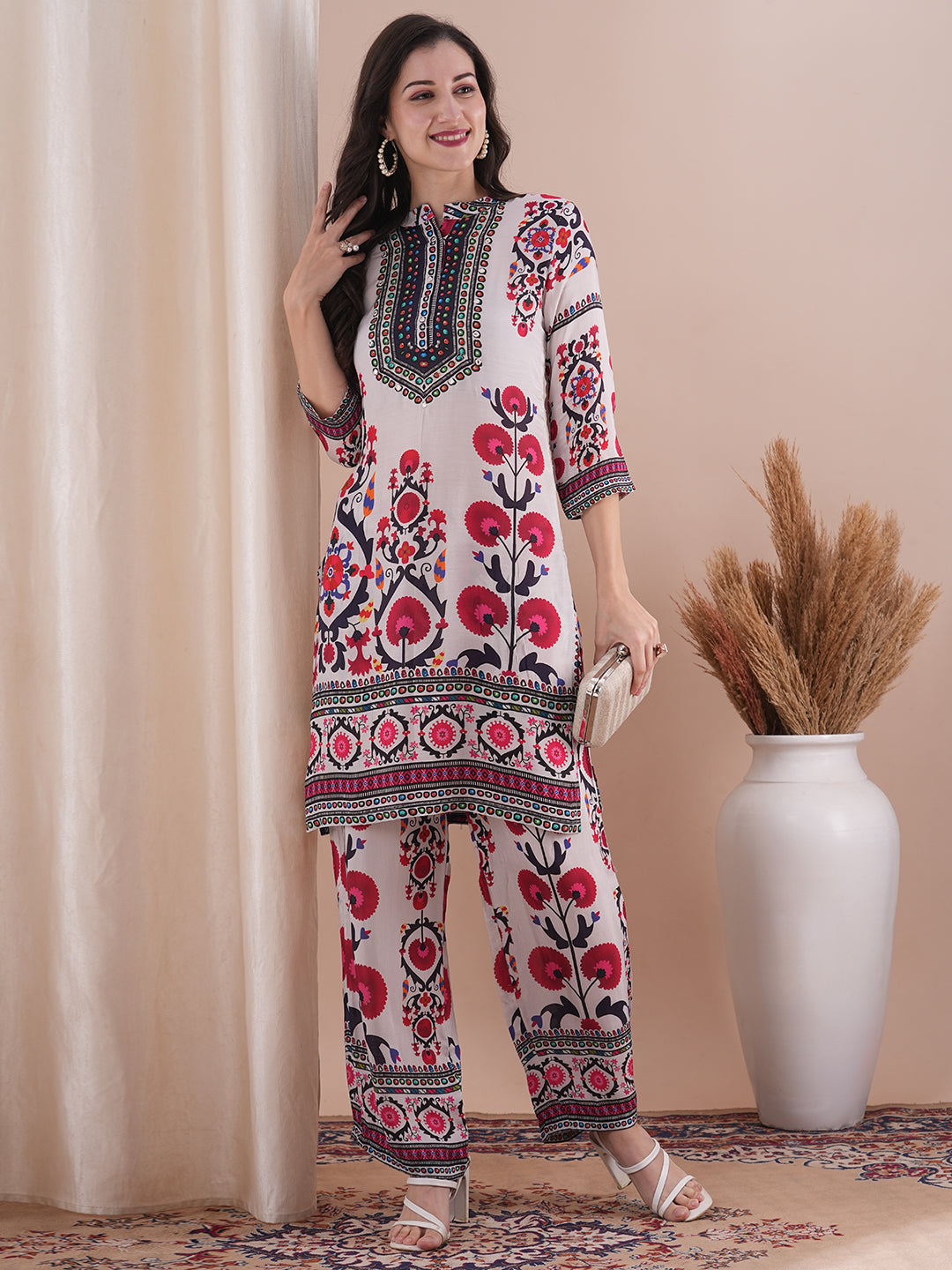 Ethnic Floral Printed & Embroidered Straight Fit Co-ord Set - White