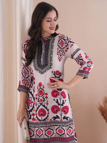 Ethnic Floral Printed & Embroidered Straight Fit Co-ord Set - White