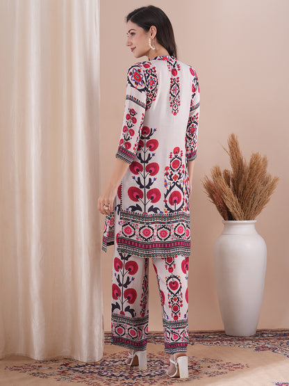 Ethnic Floral Printed & Embroidered Straight Fit Co-ord Set - White