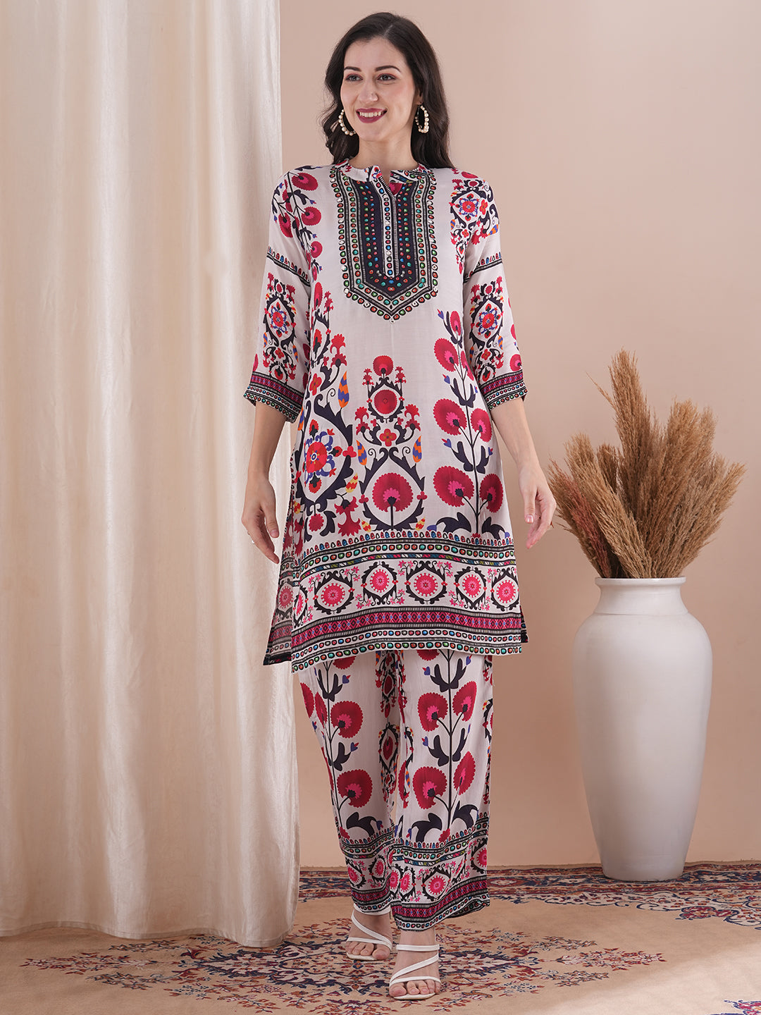 Ethnic Floral Printed & Embroidered Straight Fit Co-ord Set - White